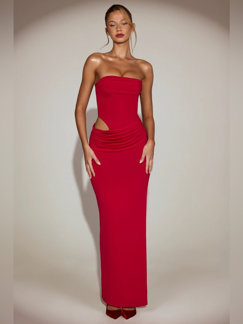 Oh Polly Zorya soft jersey bandeau cutout maxi dress in true red xxs
